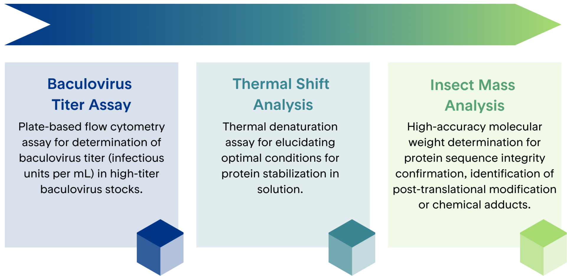 Assay Services Colorful infographic depicting customized protein assay services, baculovirus titer assay, thermal shift analysis (TSA), insect mass analysis services from Proteos | US-based recombinant protein production CRO