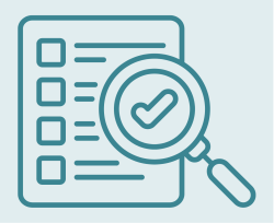 teal square with graphic outline of magniying glass over clipboard