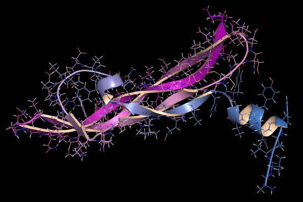 Graphic of purple and blue protein structure on black background